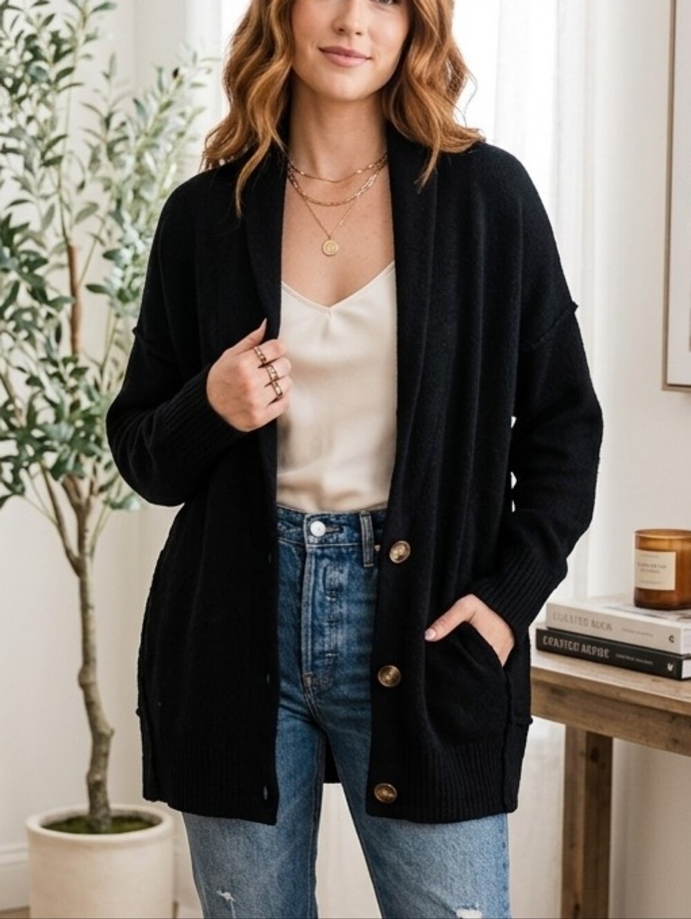 Free People Eucalyptus Oversized Cardigan Black S - Wool Blend Chamomile Style
